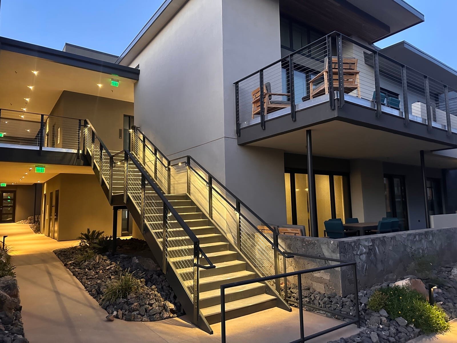Stainless cable railing and lighted grab rail at Black Desert Resort, detail